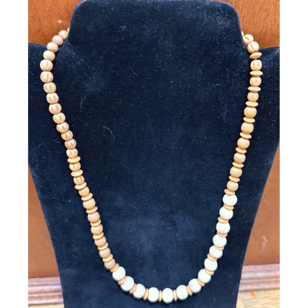 Vintage Style Tan Cream Beaded Necklace 24" Faux Wood Boho Tribal Long